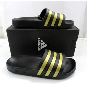 Women's adidas Adilette Aqua Comfort Stripe Slide Sandals Black / Gold Size 9